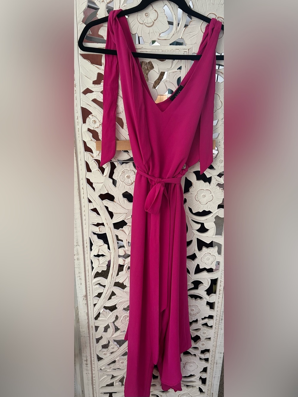 Vici Fuchsia V-Neck Junpsuit with Tie Straps and Sash Waist
